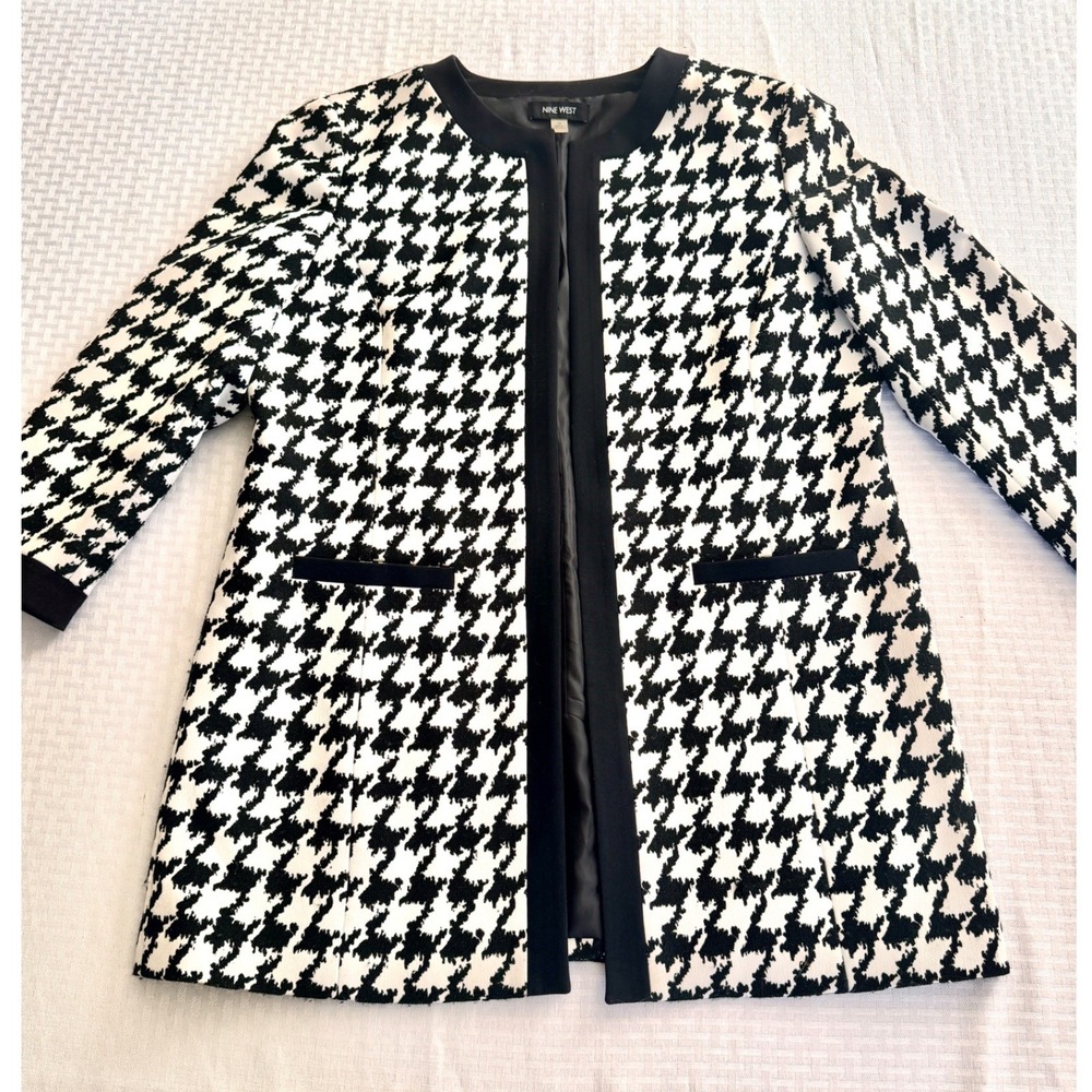 Nine West Houndstooth Open Front Blazer Jacket Black White Size 14 Longline Coat